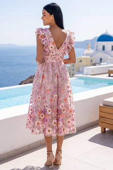 Floral A Line V-Neck Pink Maxi Wedding Guest Dress with Ruffles
