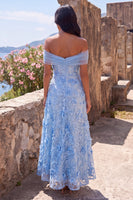 Load image into Gallery viewer, A Line Blue Floral Off the Shoulder Maxi Wedding Guest Dress