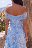 Load image into Gallery viewer, A Line Blue Floral Off the Shoulder Maxi Wedding Guest Dress