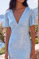 Load image into Gallery viewer, Sparkly Blue Sequin Mermaid V-Neck Long Wedding Guest Dress