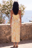 Load image into Gallery viewer, Butter Yellow Strapless Floral Ruched Sheath Maxi Wedding Guest Dress