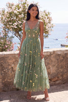 Load image into Gallery viewer, Dusty Sage V-Neck Corset Floral A Line Maxi Wedding Guest Dress