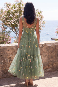 Dusty Sage V-Neck Corset Floral A Line Maxi Wedding Guest Dress
