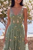 Load image into Gallery viewer, Dusty Sage V-Neck Corset Floral A Line Maxi Wedding Guest Dress