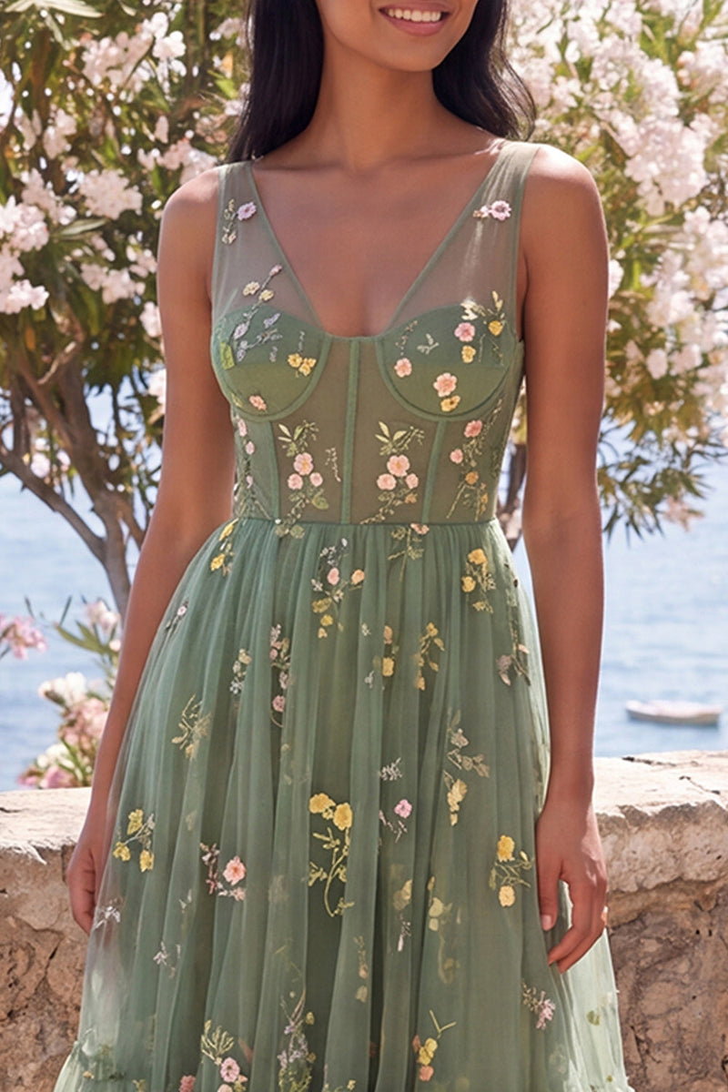 Load image into Gallery viewer, Dusty Sage V-Neck Corset Floral A Line Maxi Wedding Guest Dress