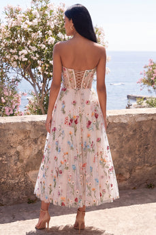 Corset A Line Maxi Floral Ivory Strapless Wedding Guest Dress