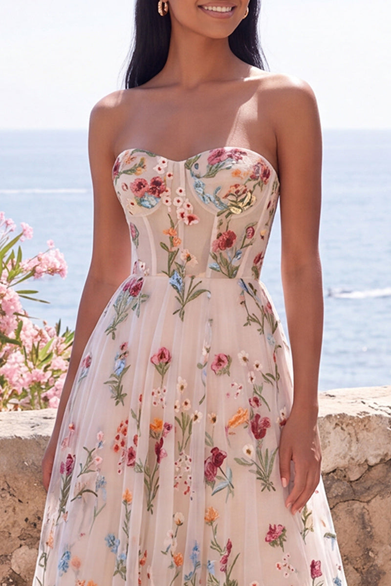 Load image into Gallery viewer, Corset A Line Maxi Floral Ivory Strapless Wedding Guest Dress