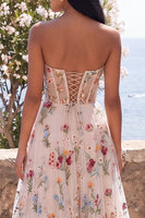 Load image into Gallery viewer, Corset A Line Maxi Floral Ivory Strapless Wedding Guest Dress