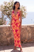 Load image into Gallery viewer, Orange V-Neck Ruched Floral Mermaid Maxi Beach Wedding Guest Dress