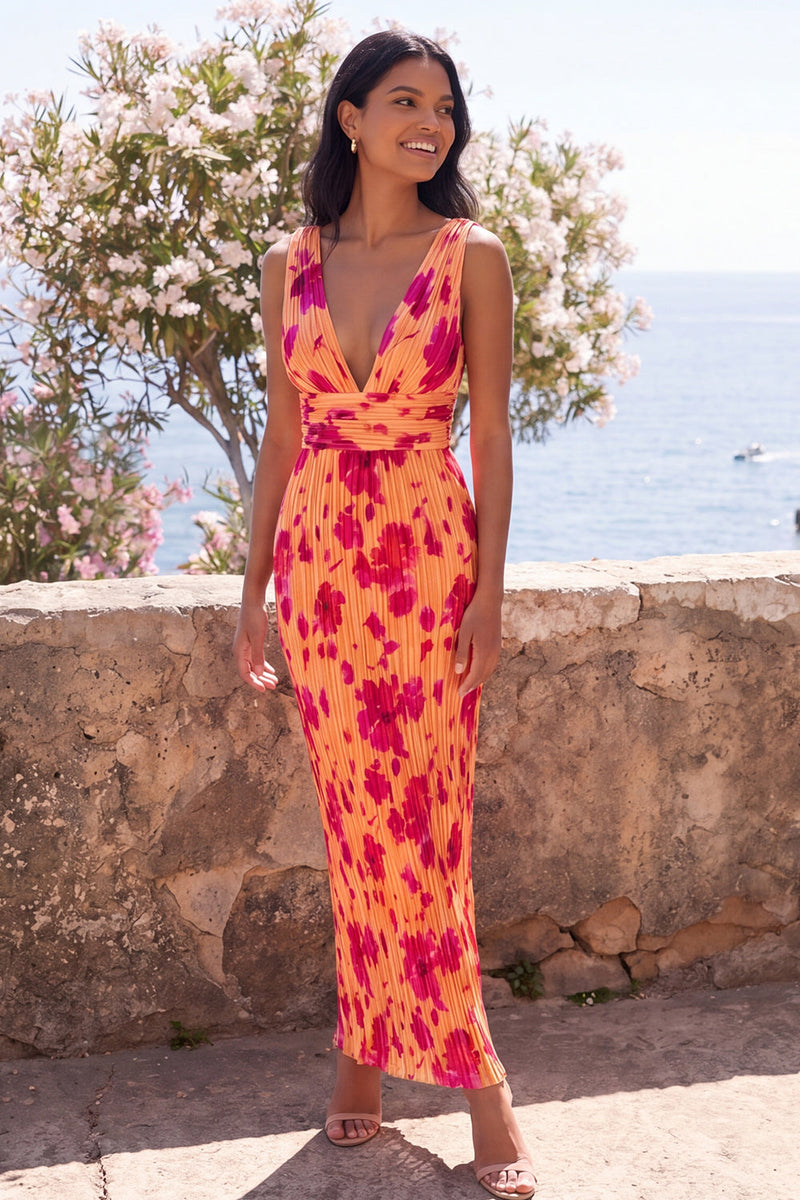 Load image into Gallery viewer, Orange V-Neck Ruched Floral Mermaid Maxi Beach Wedding Guest Dress