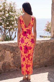 Orange V-Neck Ruched Floral Mermaid Maxi Beach Wedding Guest Dress
