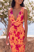Load image into Gallery viewer, Orange V-Neck Ruched Floral Mermaid Maxi Beach Wedding Guest Dress