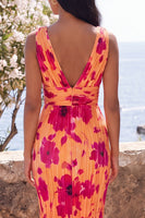 Load image into Gallery viewer, Orange V-Neck Ruched Floral Mermaid Maxi Beach Wedding Guest Dress