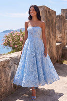 Load image into Gallery viewer, A Line Blue Floral Strapless Maxi Wedding Guest Dress
