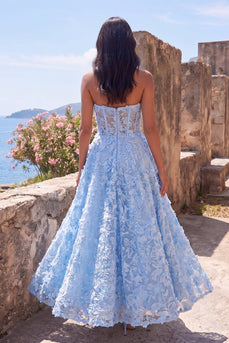 A Line Blue Floral Strapless Maxi Wedding Guest Dress