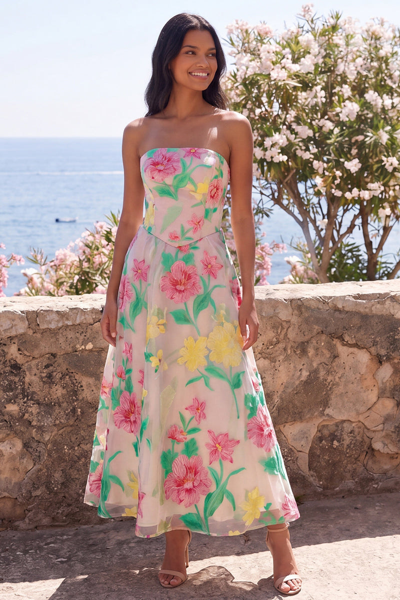Load image into Gallery viewer, Strapless A Line Daffodil Pink Flower Maxi Wedding Guest Dress