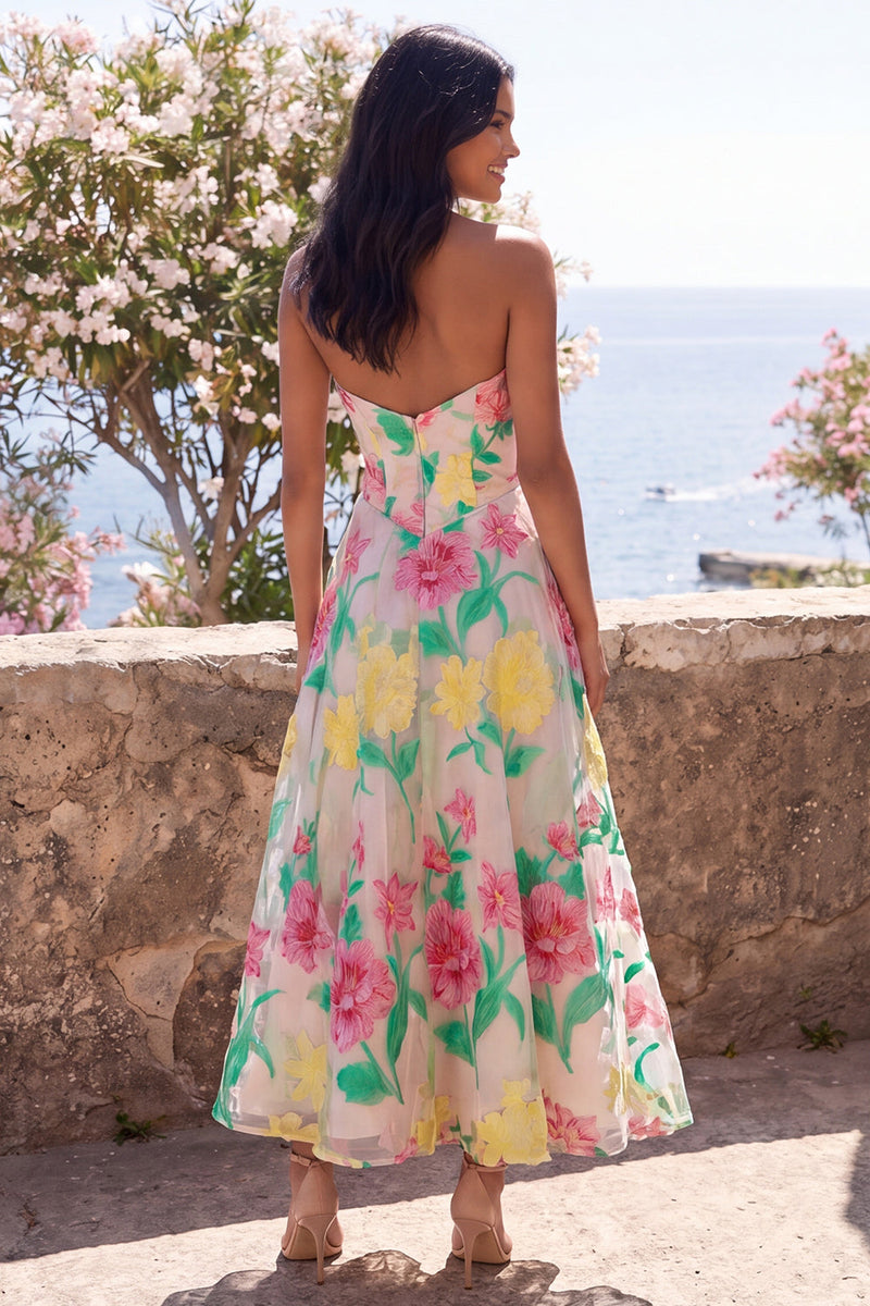 Load image into Gallery viewer, Strapless A Line Daffodil Pink Flower Maxi Wedding Guest Dress