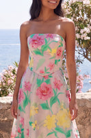 Load image into Gallery viewer, Strapless A Line Daffodil Pink Flower Maxi Wedding Guest Dress