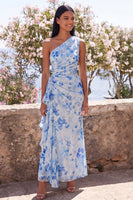 Load image into Gallery viewer, Blue Flower Mermaid One Shoulder Beach Maxi Wedding Guest Dress with Ruffles
