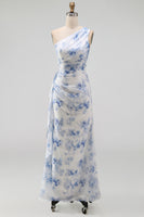 Load image into Gallery viewer, Blue Flower Mermaid One Shoulder Beach Maxi Wedding Guest Dress with Ruffles