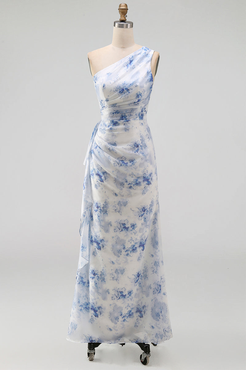 Load image into Gallery viewer, Blue Flower Mermaid One Shoulder Beach Maxi Wedding Guest Dress with Ruffles
