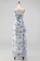 Load image into Gallery viewer, Blue Flower Mermaid One Shoulder Beach Maxi Wedding Guest Dress with Ruffles
