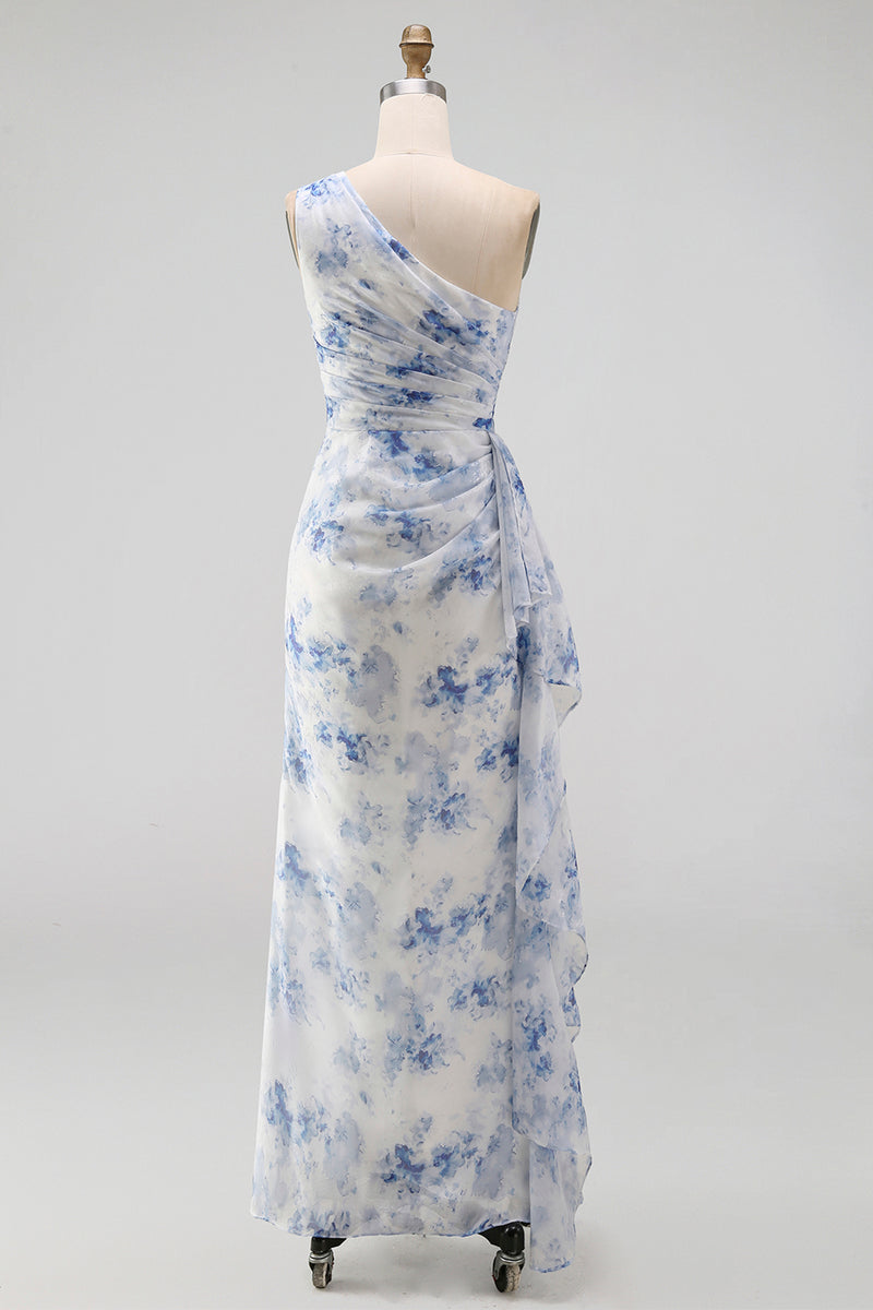 Load image into Gallery viewer, Blue Flower Mermaid One Shoulder Beach Maxi Wedding Guest Dress with Ruffles