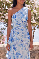 Load image into Gallery viewer, Blue Flower Mermaid One Shoulder Beach Maxi Wedding Guest Dress with Ruffles