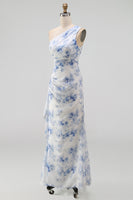 Load image into Gallery viewer, Blue Flower Mermaid One Shoulder Beach Maxi Wedding Guest Dress with Ruffles