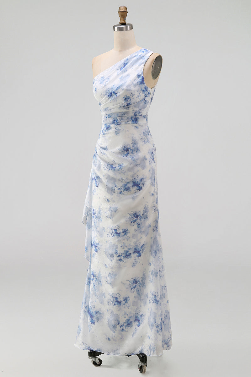 Load image into Gallery viewer, Blue Flower Mermaid One Shoulder Beach Maxi Wedding Guest Dress with Ruffles