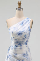 Load image into Gallery viewer, Blue Flower Mermaid One Shoulder Beach Maxi Wedding Guest Dress with Ruffles