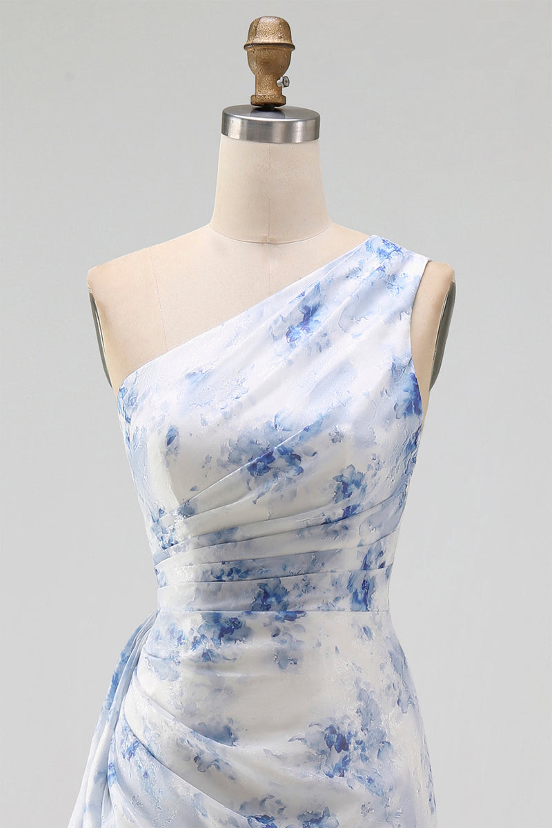 Load image into Gallery viewer, Blue Flower Mermaid One Shoulder Beach Maxi Wedding Guest Dress with Ruffles