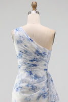 Load image into Gallery viewer, Blue Flower Mermaid One Shoulder Beach Maxi Wedding Guest Dress with Ruffles