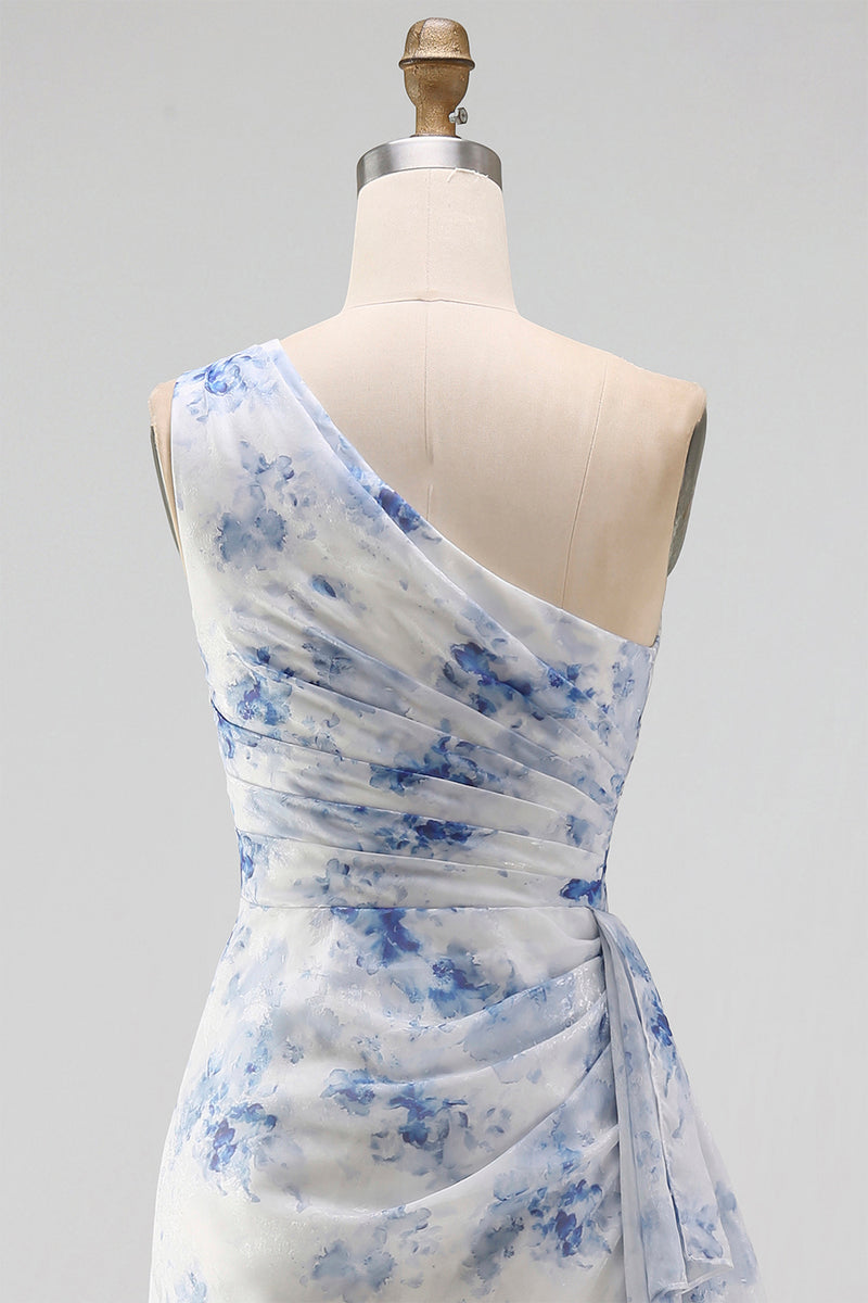 Load image into Gallery viewer, Blue Flower Mermaid One Shoulder Beach Maxi Wedding Guest Dress with Ruffles