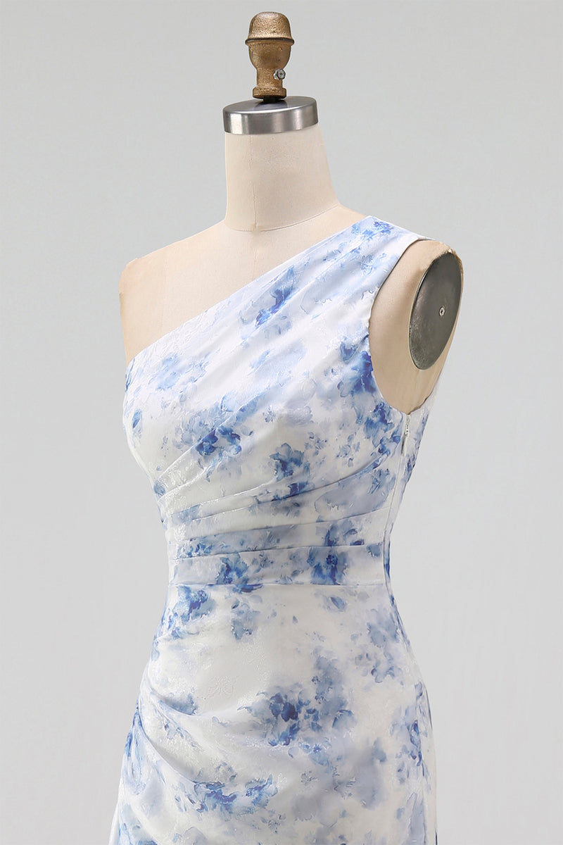 Load image into Gallery viewer, Blue Flower Mermaid One Shoulder Beach Maxi Wedding Guest Dress with Ruffles