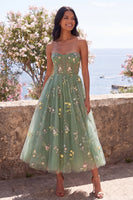 Load image into Gallery viewer, Dusty Sage Strapless Floral Corset A Line Maxi Wedding Guest Dress