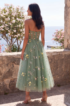 Dusty Sage Strapless Floral Corset A Line Maxi Wedding Guest Dress