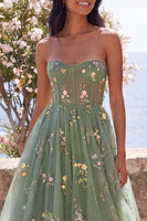 Load image into Gallery viewer, Dusty Sage Strapless Floral Corset A Line Maxi Wedding Guest Dress