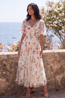 Load image into Gallery viewer, Ivory V-Neck Corset A Line Maxi Floral Wedding Guest Dress