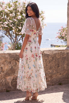 Ivory V-Neck Corset A Line Maxi Floral Wedding Guest Dress