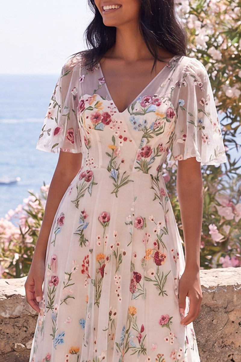 Load image into Gallery viewer, Ivory V-Neck Corset A Line Maxi Floral Wedding Guest Dress