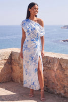 Load image into Gallery viewer, One Shoulder Maxi Mermaid Blue Flower Beach Wedding Guest Dress with Slit