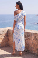 Load image into Gallery viewer, One Shoulder Maxi Mermaid Blue Flower Beach Wedding Guest Dress with Slit