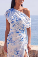 Load image into Gallery viewer, One Shoulder Maxi Mermaid Blue Flower Beach Wedding Guest Dress with Slit