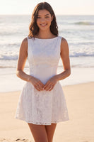Load image into Gallery viewer, Floral Boat Neck A Line Lace Short Ivory Boho Wedding Dress