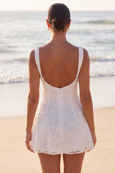 Floral Boat Neck A Line Lace Short Ivory Boho Wedding Dress