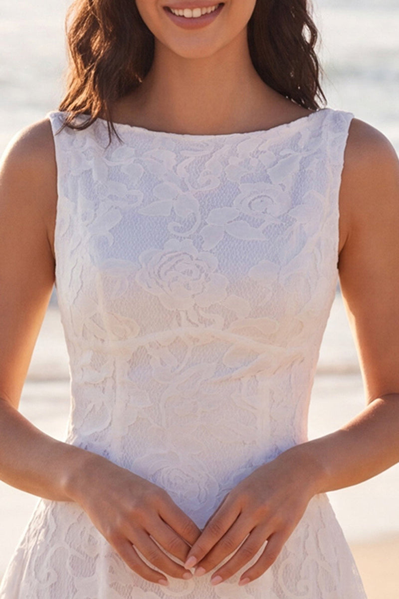 Load image into Gallery viewer, Floral Boat Neck A Line Lace Short Ivory Boho Wedding Dress