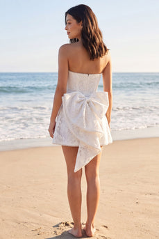 Strapless Floral A Line Short Ivory Boho Wedding Dress with Pearls