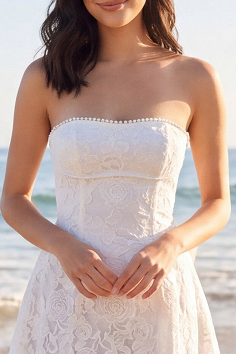 Load image into Gallery viewer, Strapless Floral A Line Short Ivory Boho Wedding Dress with Pearls