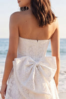 Load image into Gallery viewer, Strapless Floral A Line Short Ivory Boho Wedding Dress with Pearls
